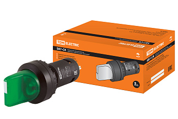 Переключатель на  3 положения с фиксацией SB7-CK3365-220V короткая ручка(LED) d22мм 1з+1р зеленый TDM
